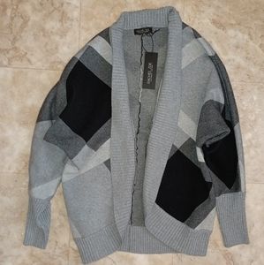 Rachel Zoe Loose Free Size Shawl Style Waterfall Cardigan Argyle Black/Grey